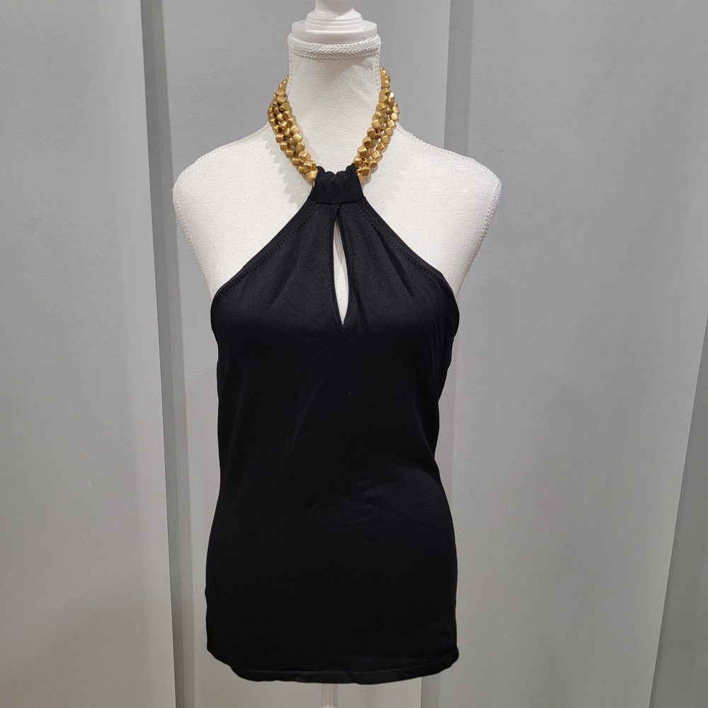 INC International Concepts Black Halter Tank with Gold Beaded Neck